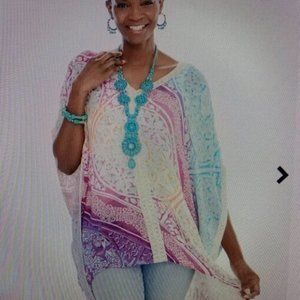 Chico's Sz S/M Kaleioscope Medallion Poncho Pullover Top Crochet Trim Detail
